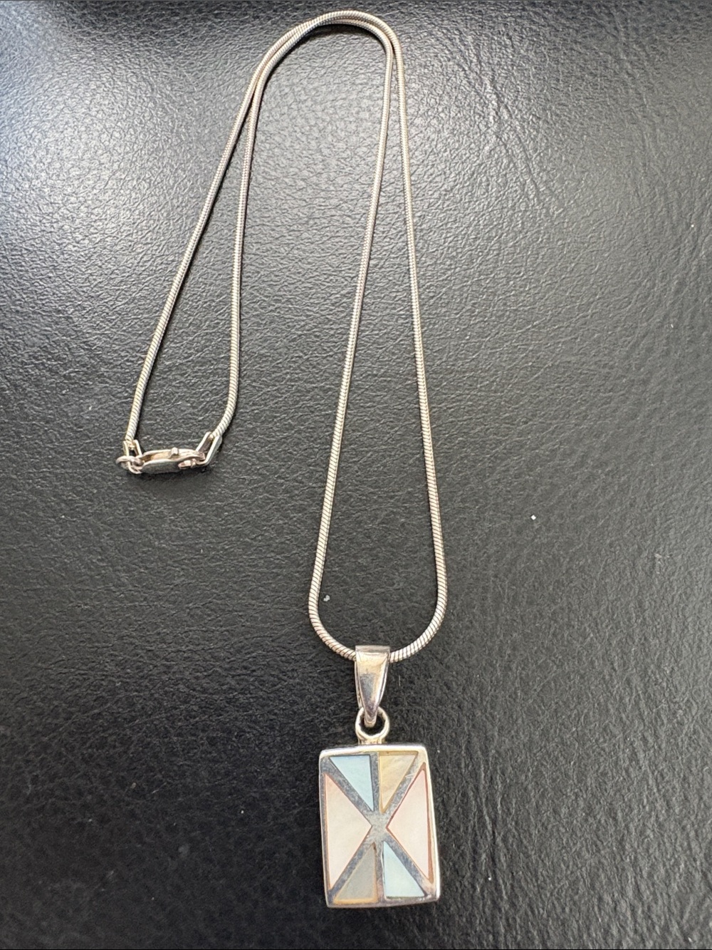 Vintage Sterling Silver Geo Inlay Mosaic Mother Of Pearl Pendant Necklace
